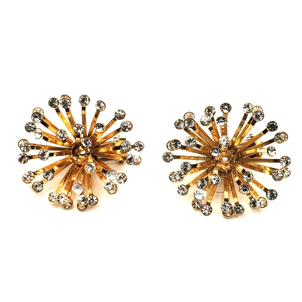 Vintage Fabulous Sparkle Crystal Star Burst Clip On Earrings Gold Tone
